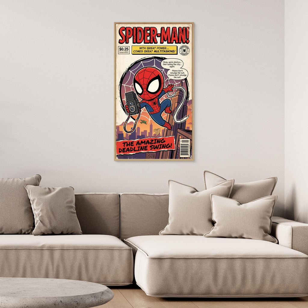 Spider-Man Deadline Swing Comic Art | Chibi Canvas Print - Framed Pop Art