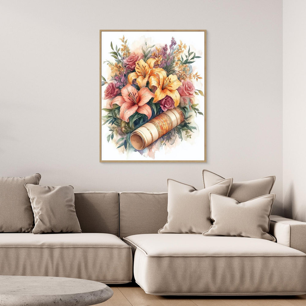 Vintage Lily & Rose Watercolour Floral Wall Art Print - Framed Pop Art