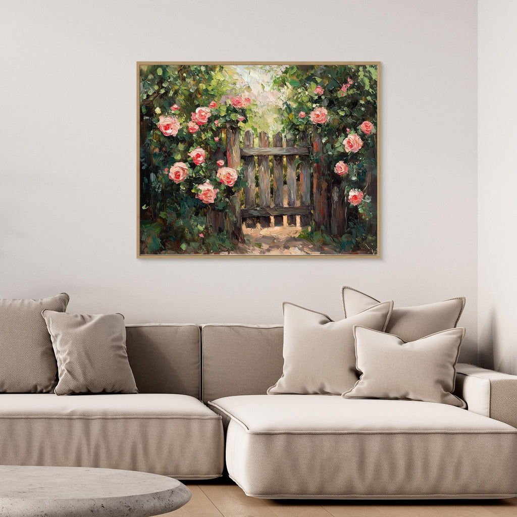 Pink Rose Garden Gate Canvas Wall Art | Floral Oil Painting - Framed Pop Art