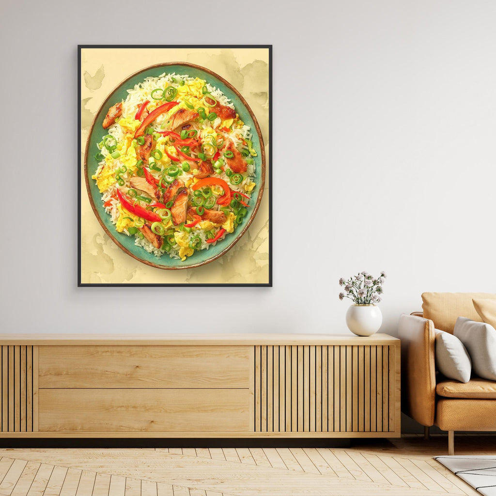 Vibrant Chicken Fried Rice Bowl Kitchen Canvas Wall Art - Framed Pop Art