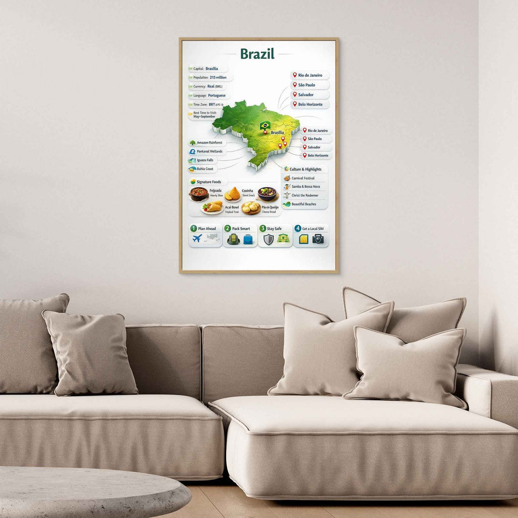 Brazil Travel Infographic Poster | Vibrant Canvas Wall Art - Framed Pop Art