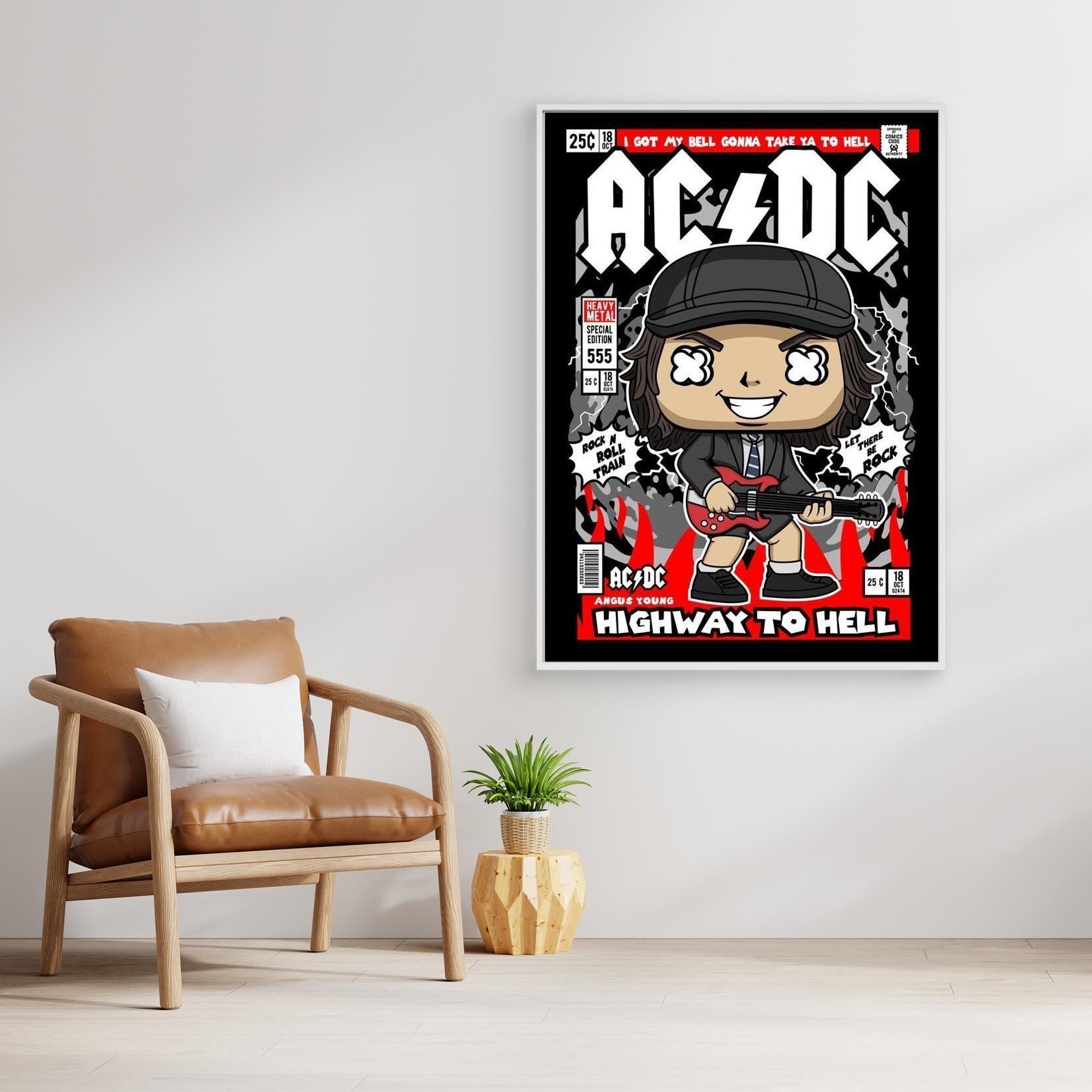 AC/DC Angus Young Comic Style Framed Canvas Art | Rock Decor