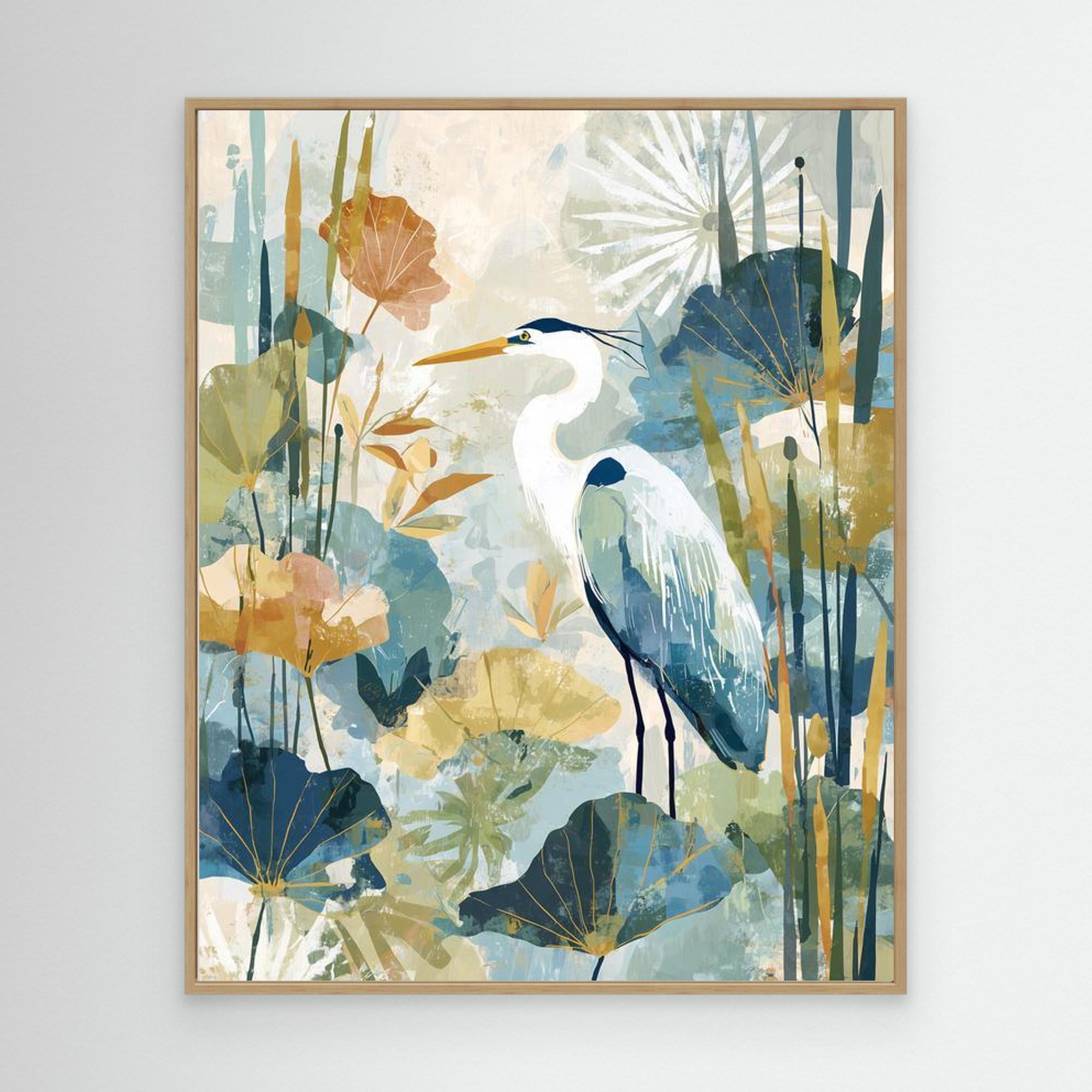 Heron in the Reeds Canvas Wall Art | Modern Nature Print | Nursery - Framed Pop Art