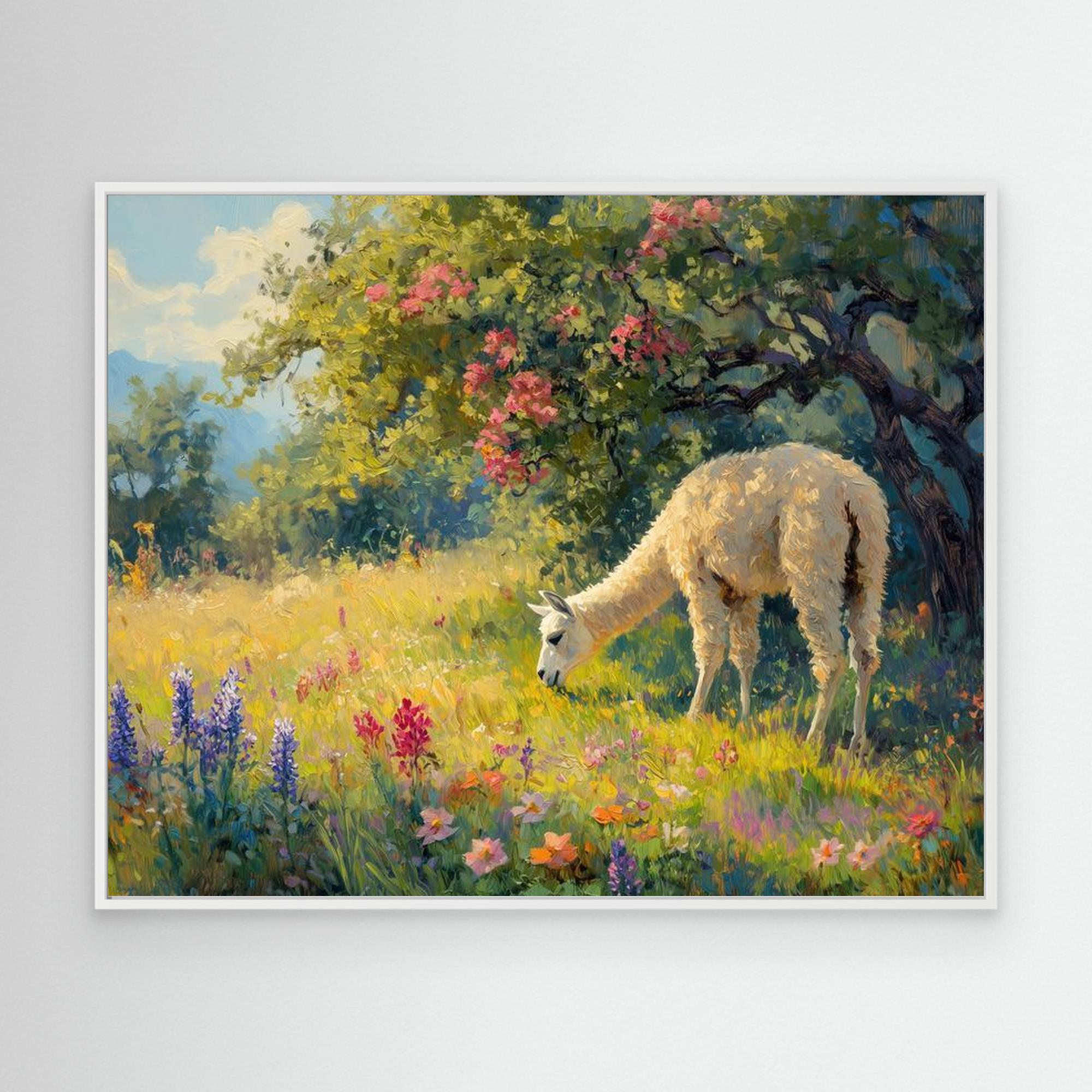 Llama in Flower Meadow Canvas Print | Sunlit Country Wall Art - Framed Pop Art