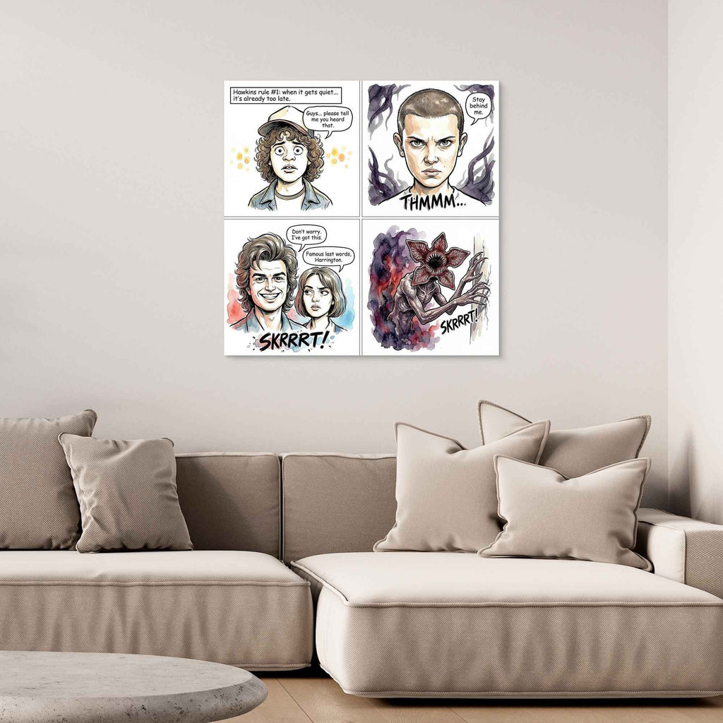 Stranger Things Fan Art Canvas | Hawkins Comic Print - Framed Pop Art