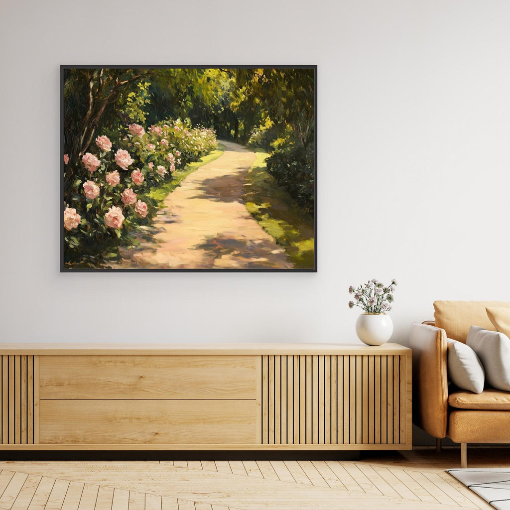 Pink Rose Garden Oil Painting - Romantic Floral Bedroom Decor - Framed Pop Art