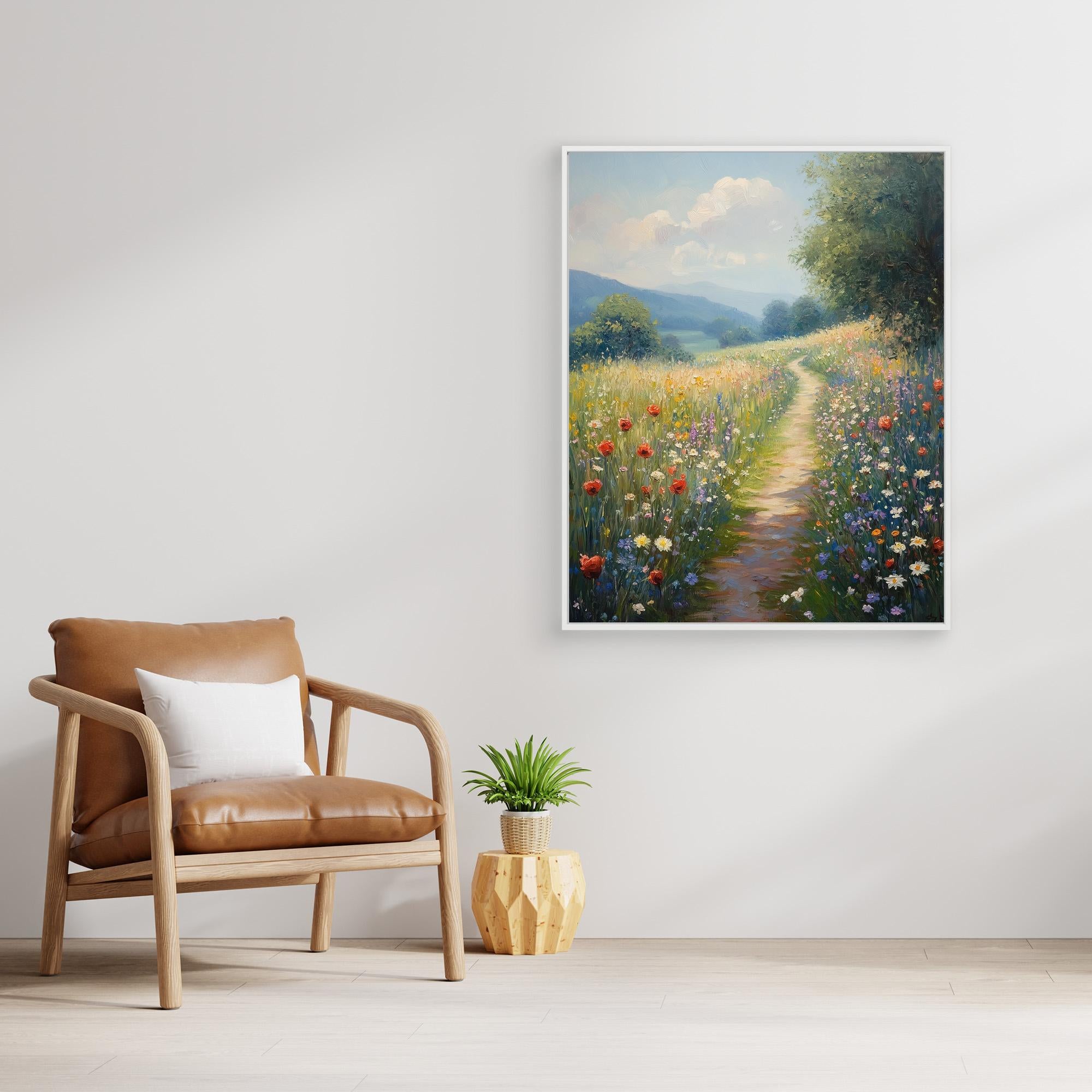 Wildflower Meadow Pathway Canvas Wall Art | Countryside Decor - Framed Pop Art