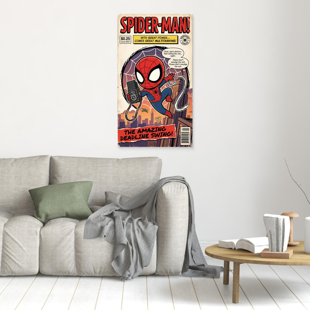 Spider-Man Deadline Swing Comic Art | Chibi Canvas Print - Framed Pop Art