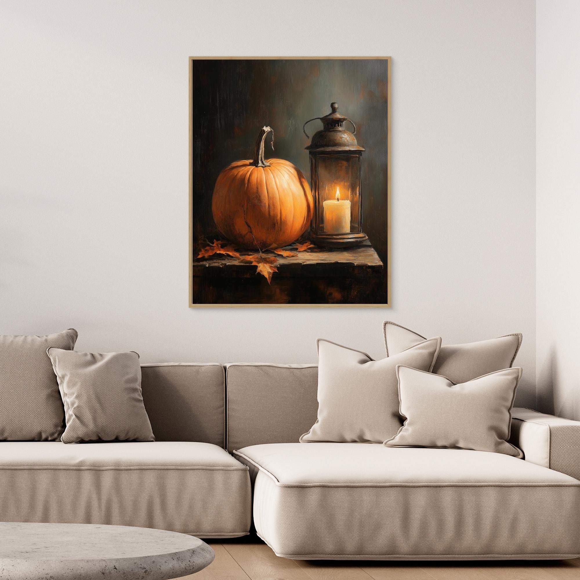 Rustic Autumn Pumpkin & Lantern Canvas Wall Art - Framed Pop Art