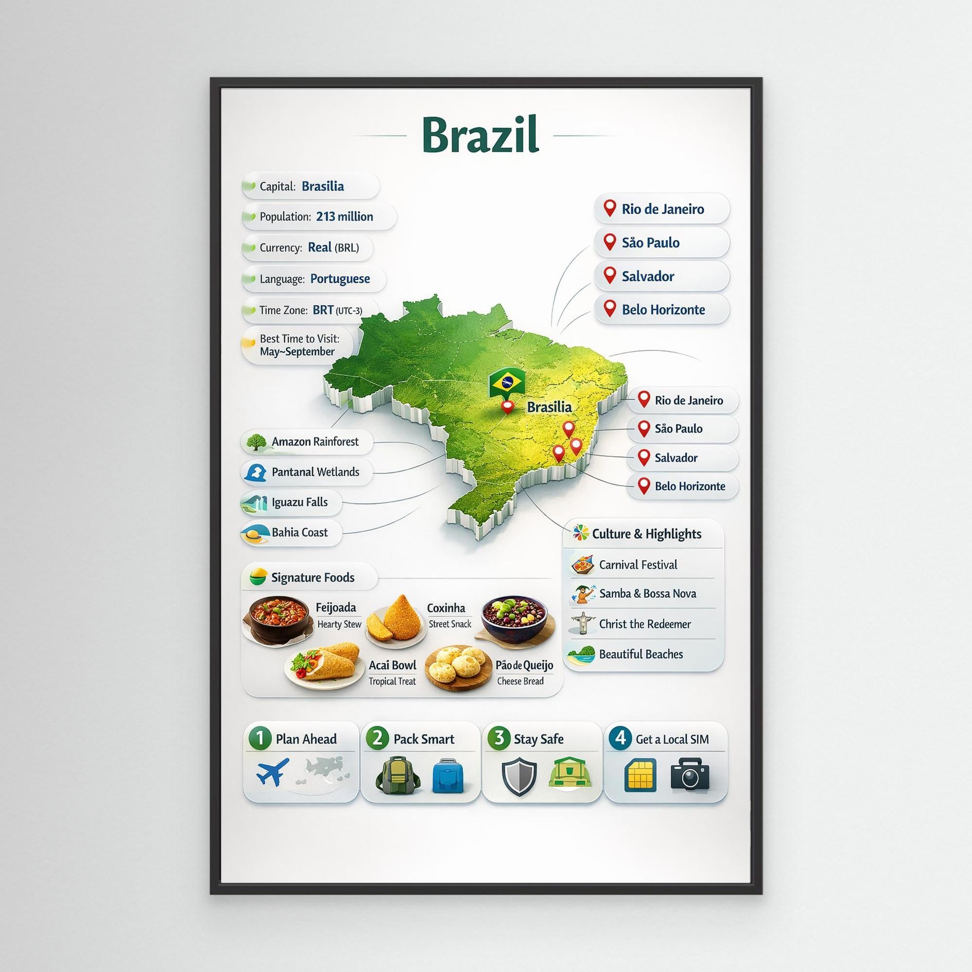 Brazil Travel Infographic Poster | Vibrant Canvas Wall Art