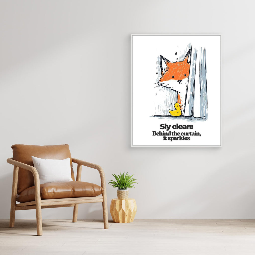 Sly Clean Fox & Rubber Duck Art Print | Fun Bathroom Wall Decor - Framed Pop Art