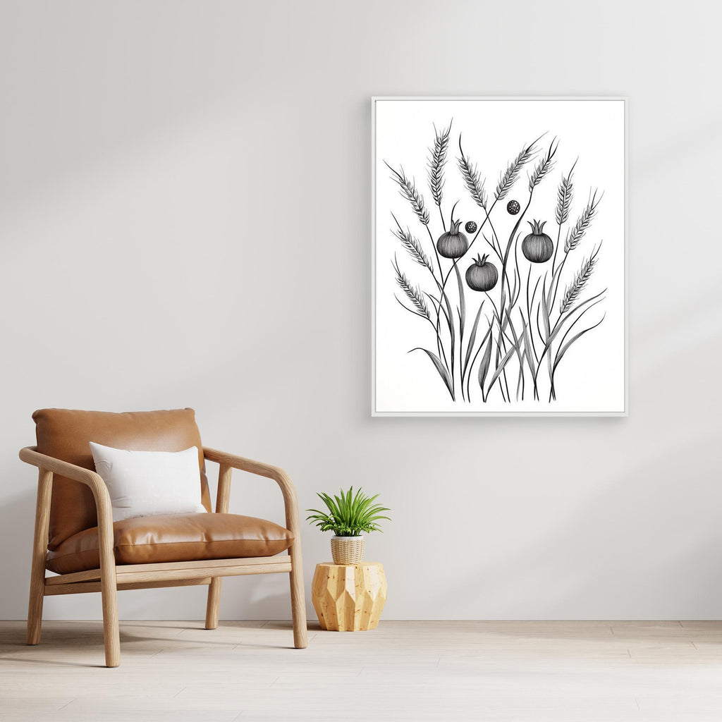 Minimalist Botanical Wheat & Poppy Pod Art Print (UK) - Framed Pop Art