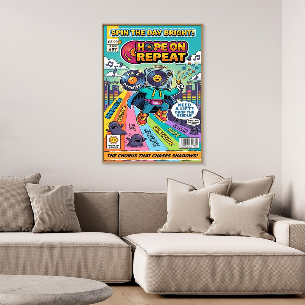 Hope on Repeat Retro Comic Art Print | Positive Vibes Wall Decor - Framed Pop Art