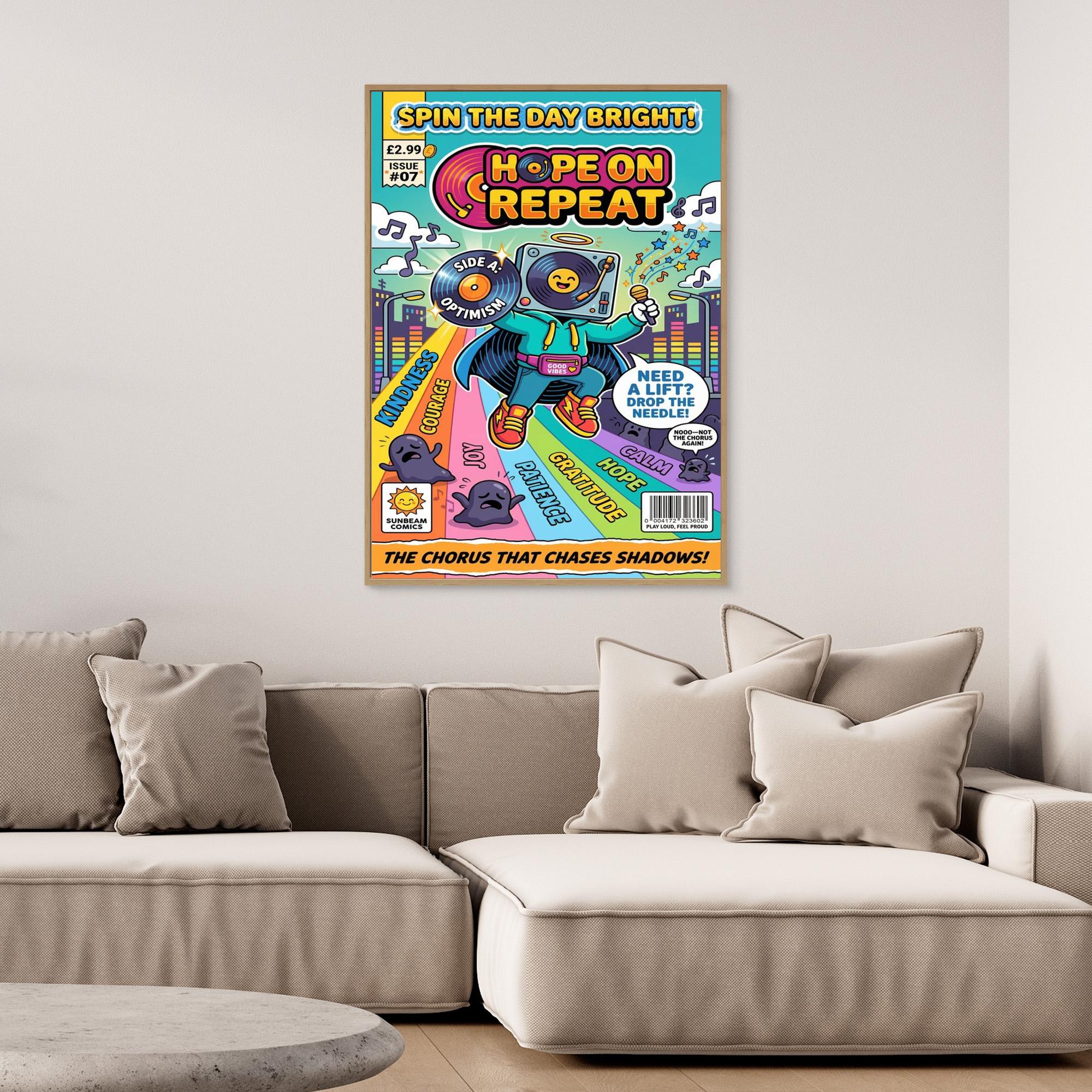 Hope on Repeat Retro Comic Art Print | Positive Vibes Wall Decor - Framed Pop Art