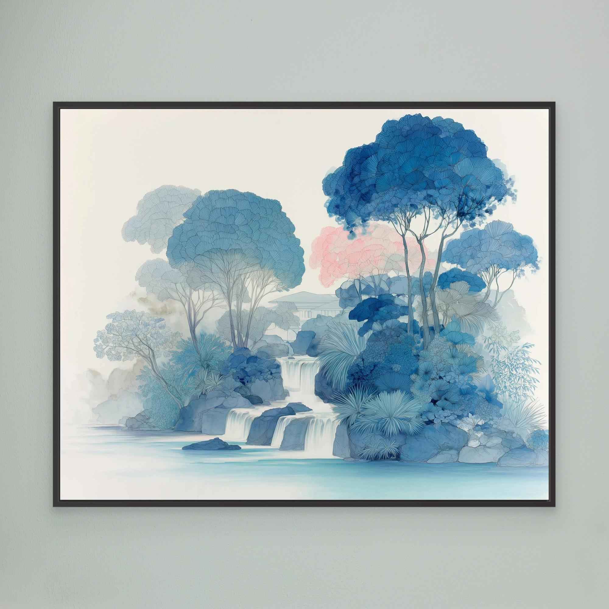 Blue Waterfall Forest Canvas Wall Art Print - Framed Pop Art