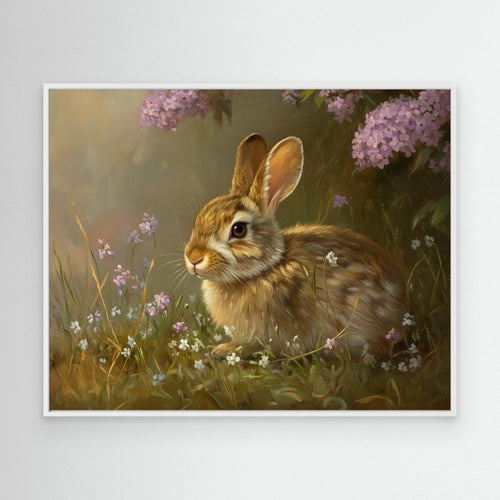 Brown Rabbit & Wildflowers Canvas Wall Art | Country Nursery - Framed Pop Art