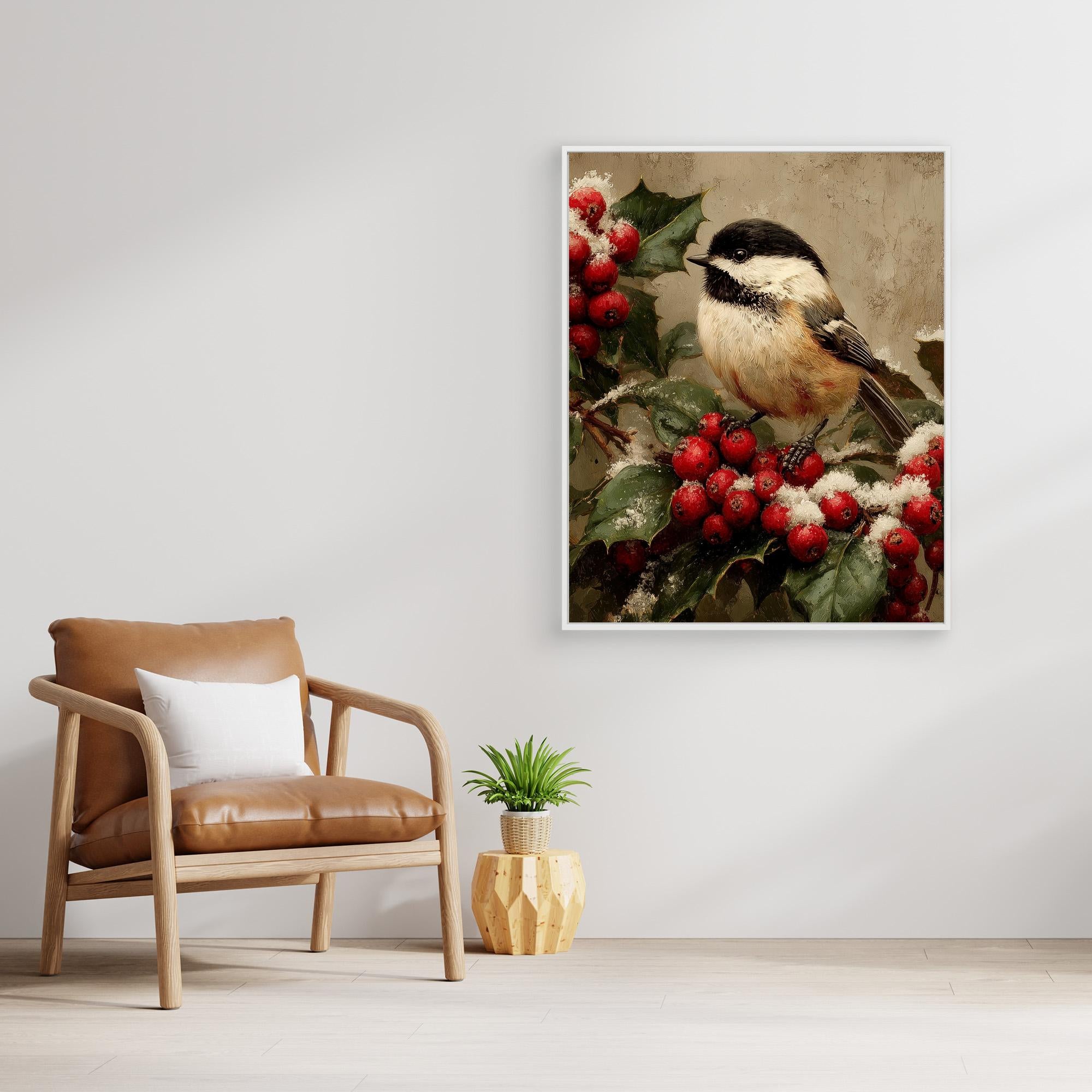 Christmas Bird Wall Art for Hallway – Chickadee Print - Framed Pop Art