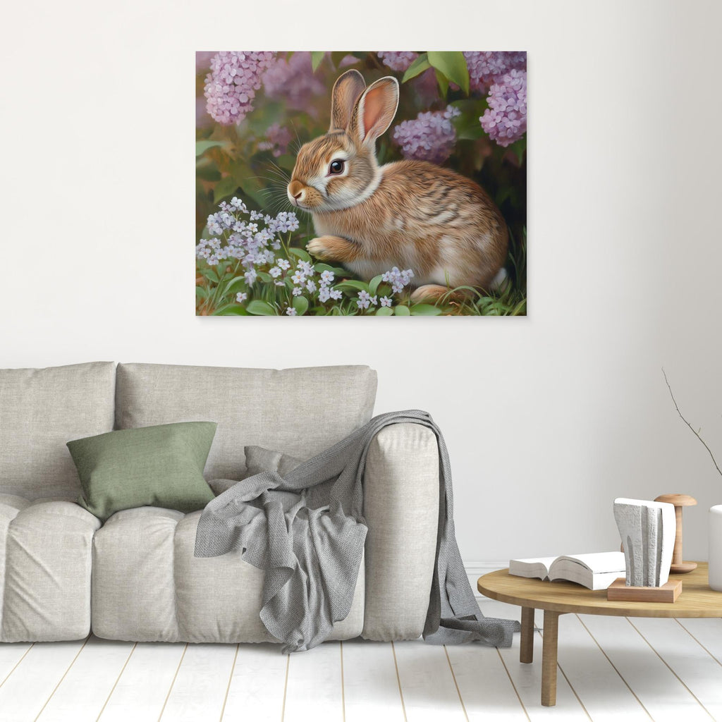 Rabbit in Lilacs Framed Canvas Print | Cute Woodland Wall Art - Framed Pop Art