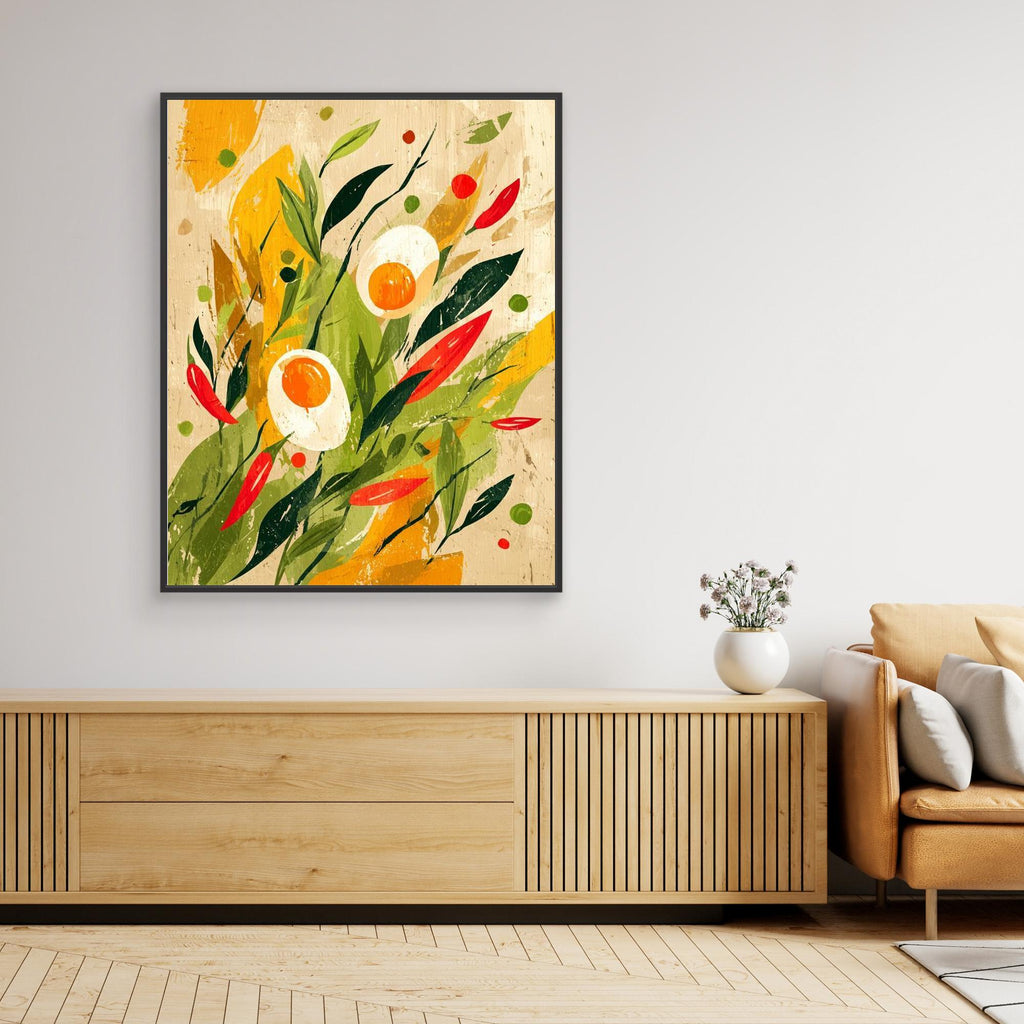 Vibrant Abstract Eggs & Chillies Kitchen Canvas - Framed Pop Art