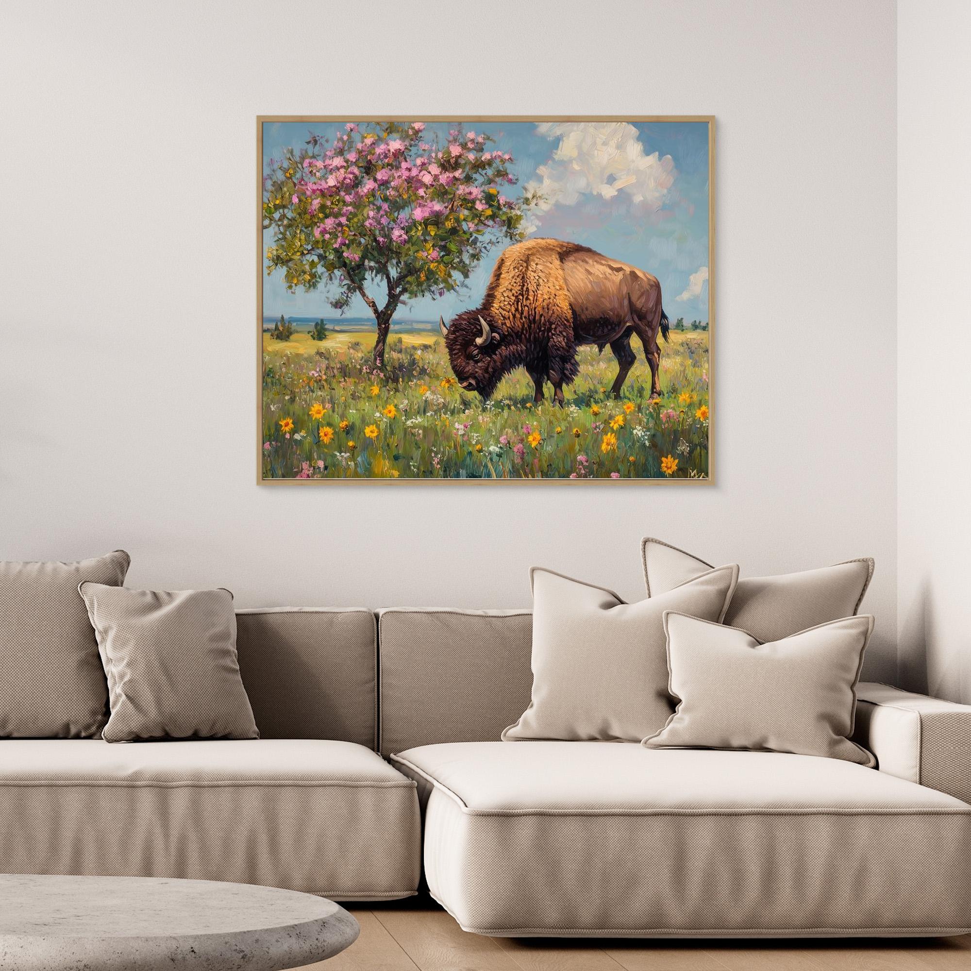 Bison in Spring Bloom Canvas Wall Art | Framed Animal Print - Framed Pop Art