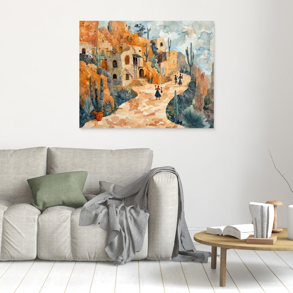 Desert Village Watercolor Canvas Print | Warm Sun-Drenched Art - Framed Pop Art
