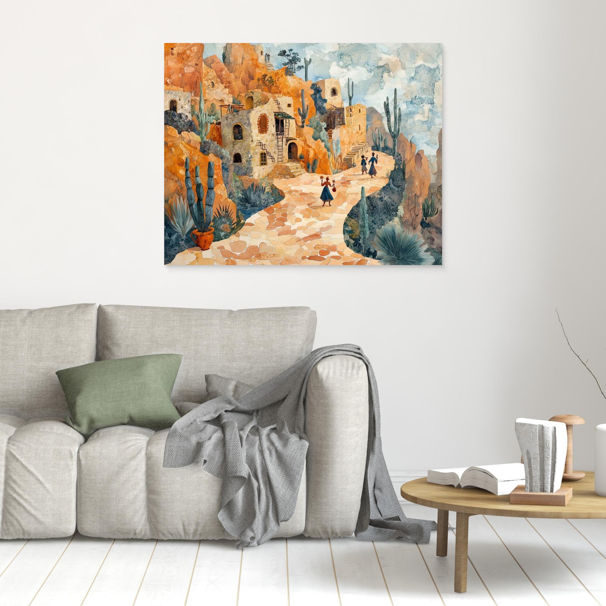 Desert Village Watercolor Canvas Print | Warm Sun-Drenched Art - Framed Pop Art