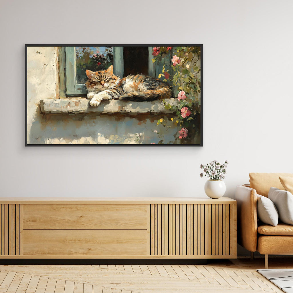 Cosy Cat Window Framed Canvas Wall Art for Lounge Decor - Framed Pop Art