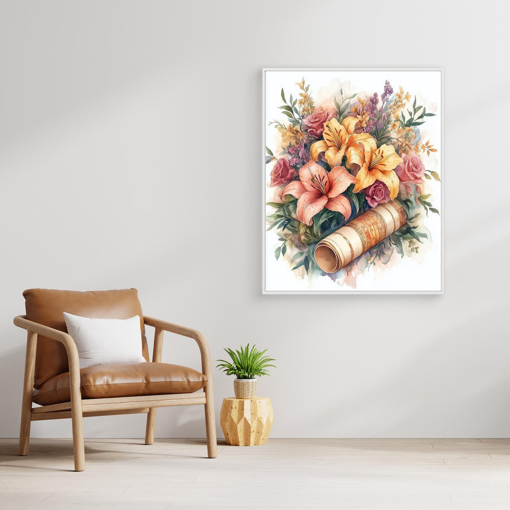 Vintage Lily & Rose Watercolour Floral Wall Art Print - Framed Pop Art