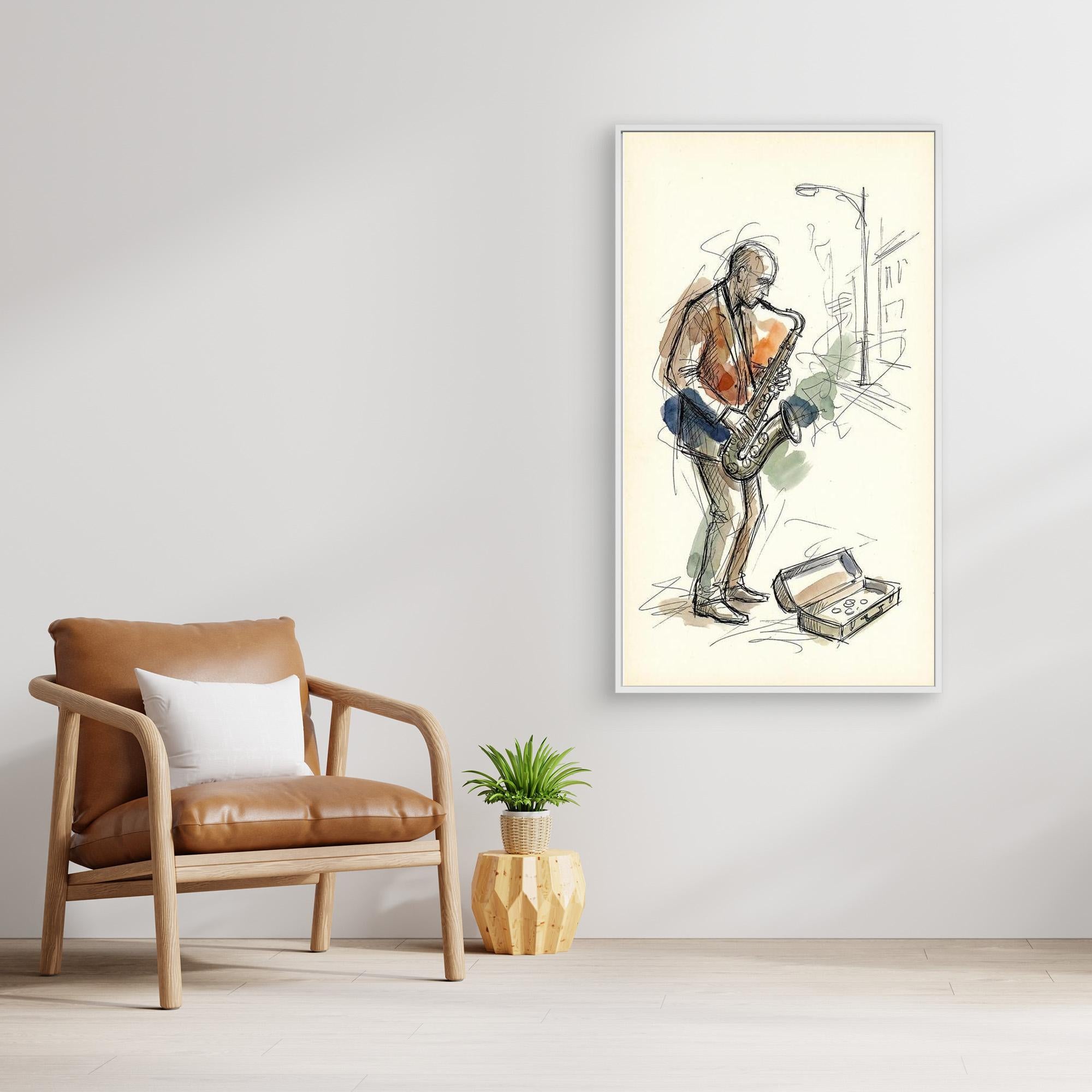 Saxophone Street Player Sketch Canvas Wall Art | Music Art - Framed Pop Art