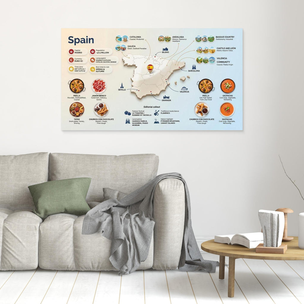 Spain Travel Map Print – Modern Home Office Wall Art