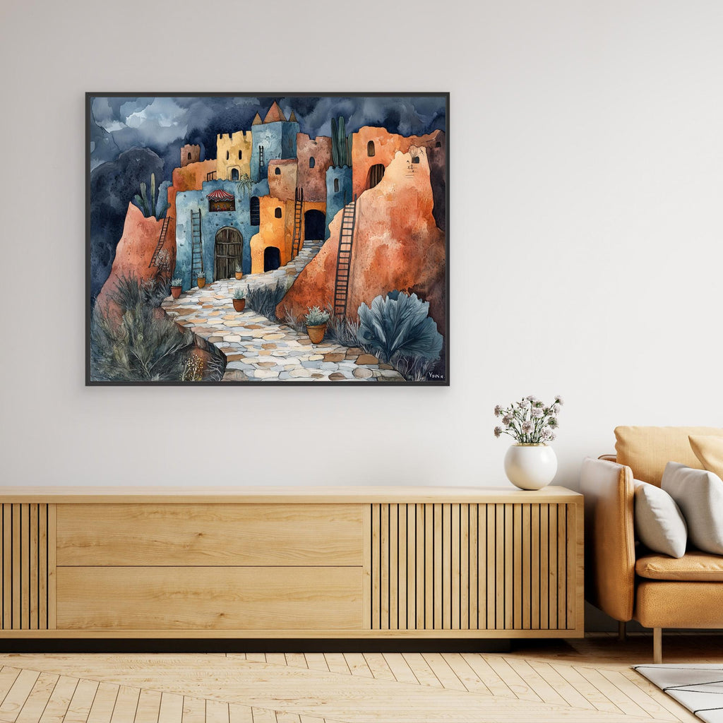 Desert Village Watercolour Canvas Print for Hallway Decor - Framed Pop Art