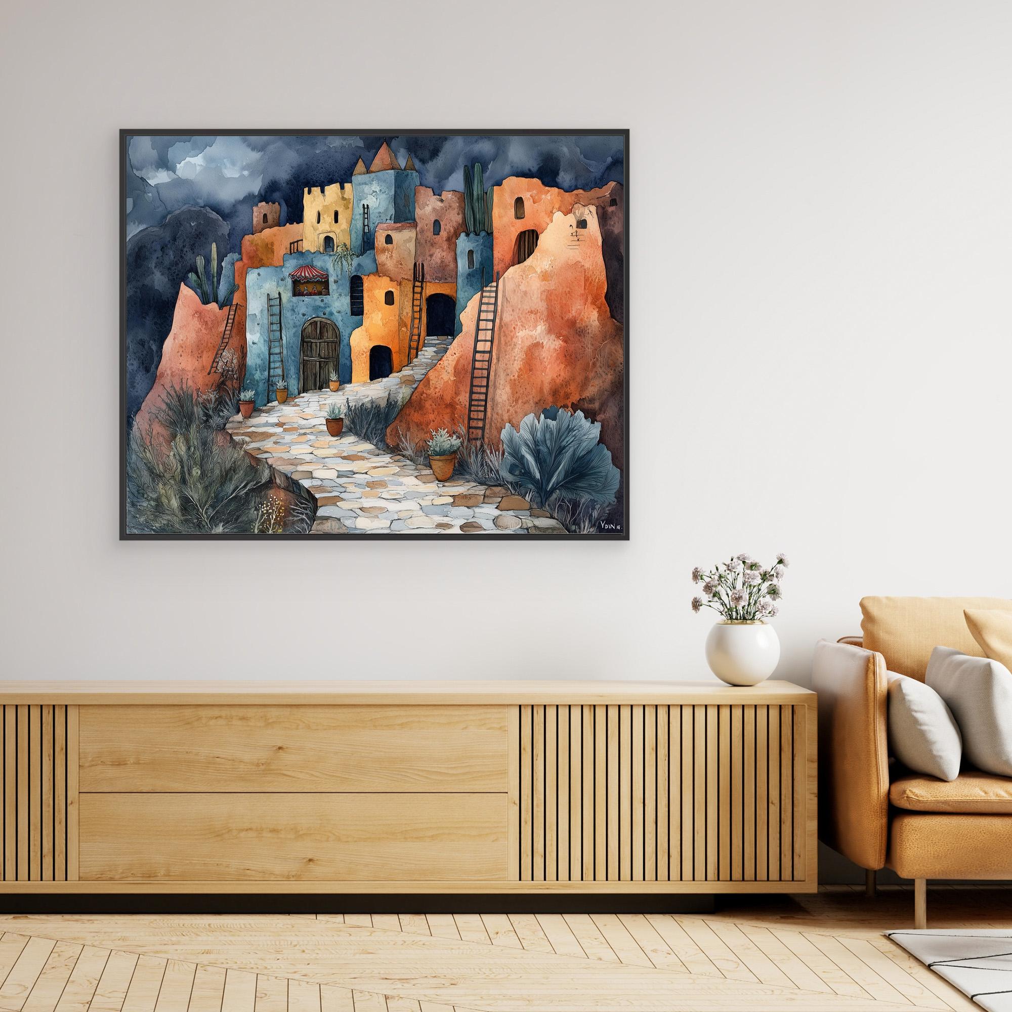 Desert Village Watercolour Canvas Print for Hallway Decor - Framed Pop Art