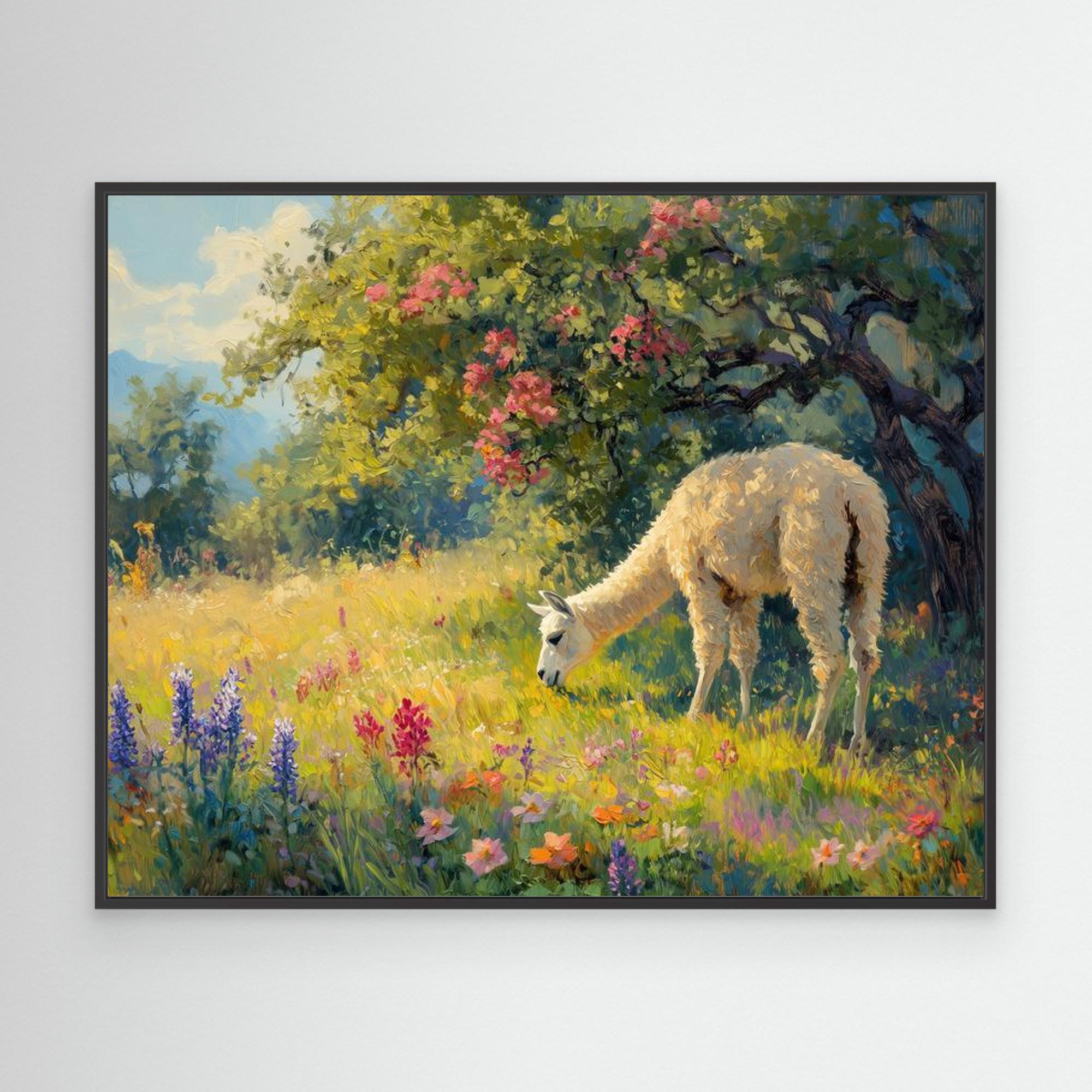 Llama in Flower Meadow Canvas Print | Sunlit Country Wall Art - Framed Pop Art