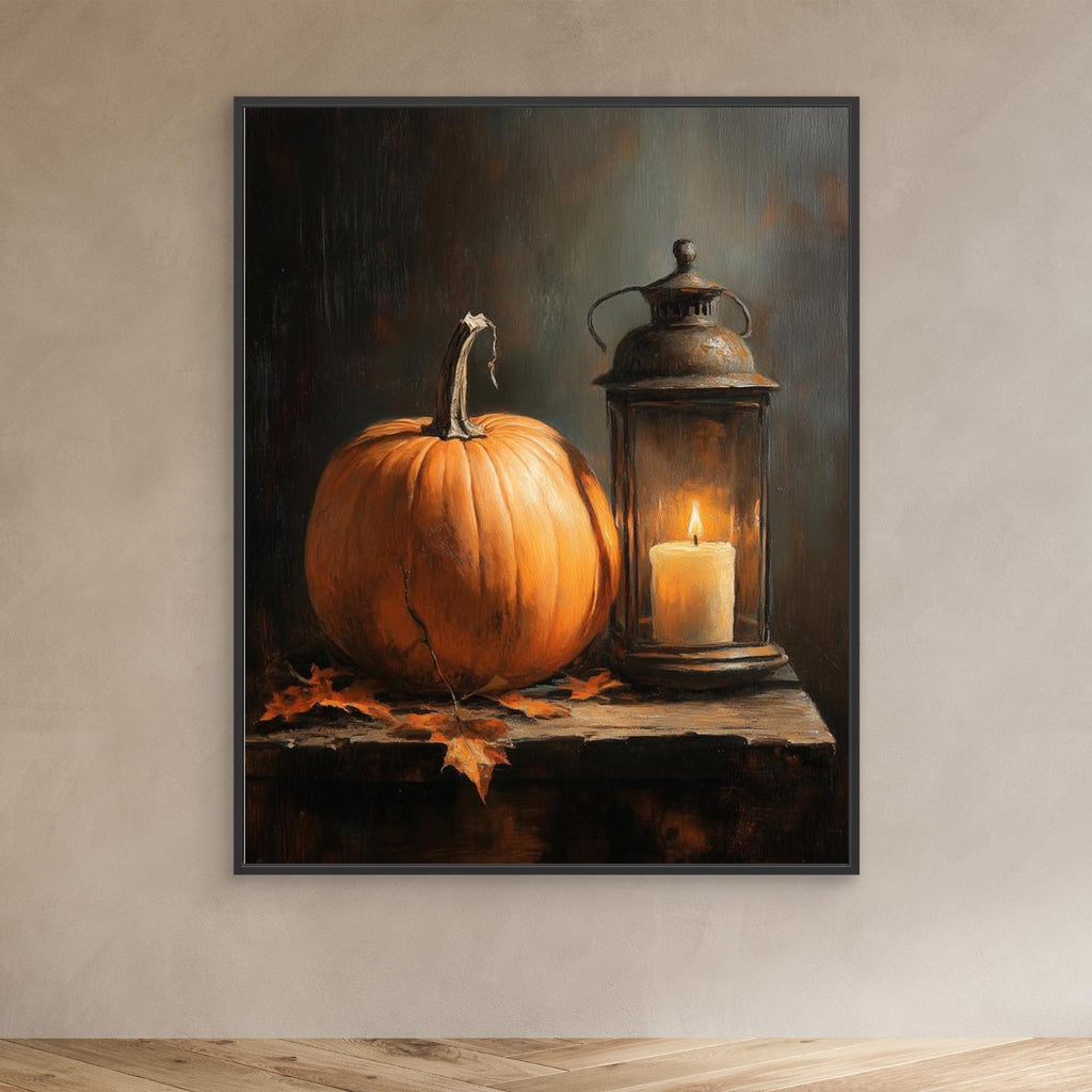 Rustic Autumn Pumpkin & Lantern Canvas Wall Art - Framed Pop Art