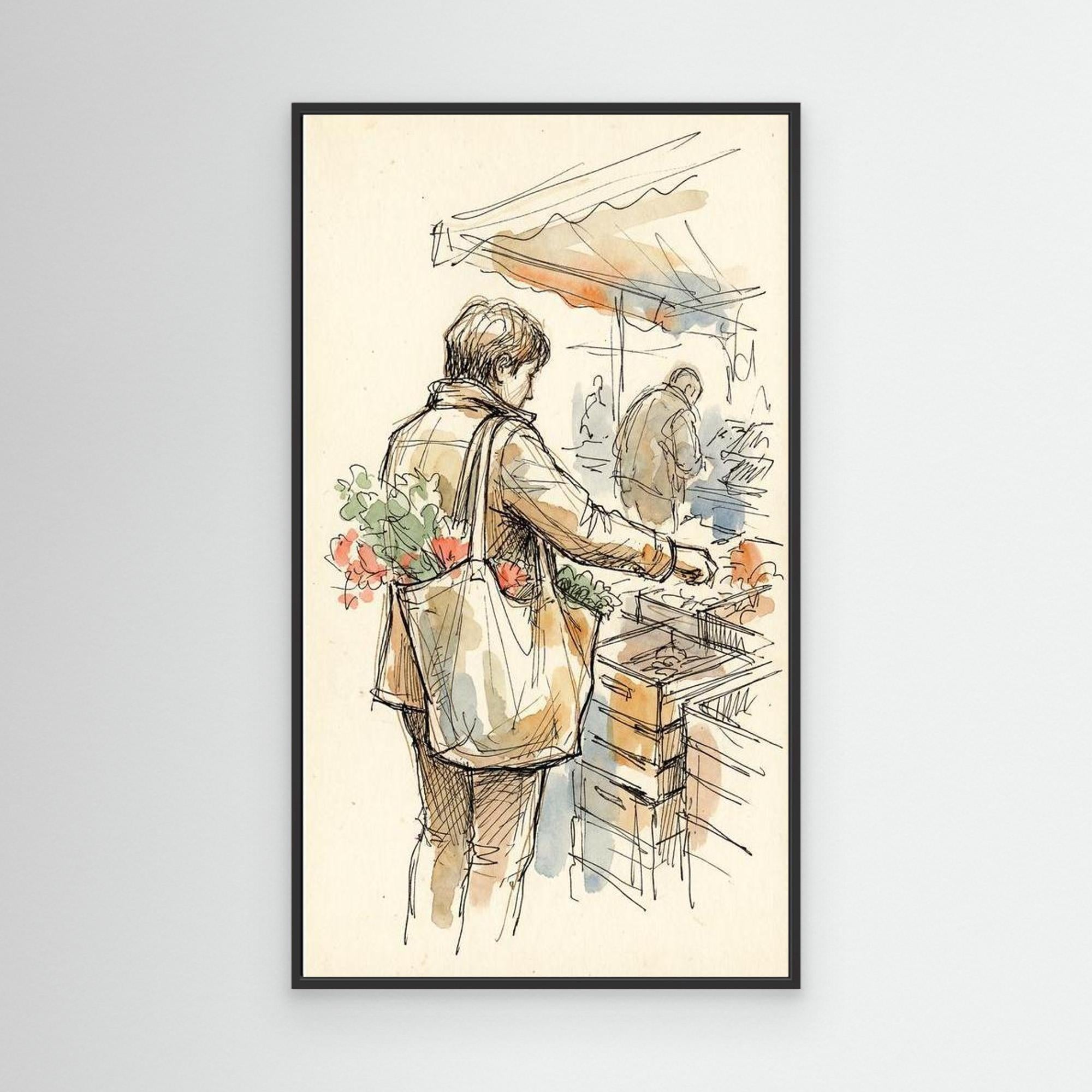 European Market Scene Framed Canvas Wall Art | Sketch Style - Framed Pop Art