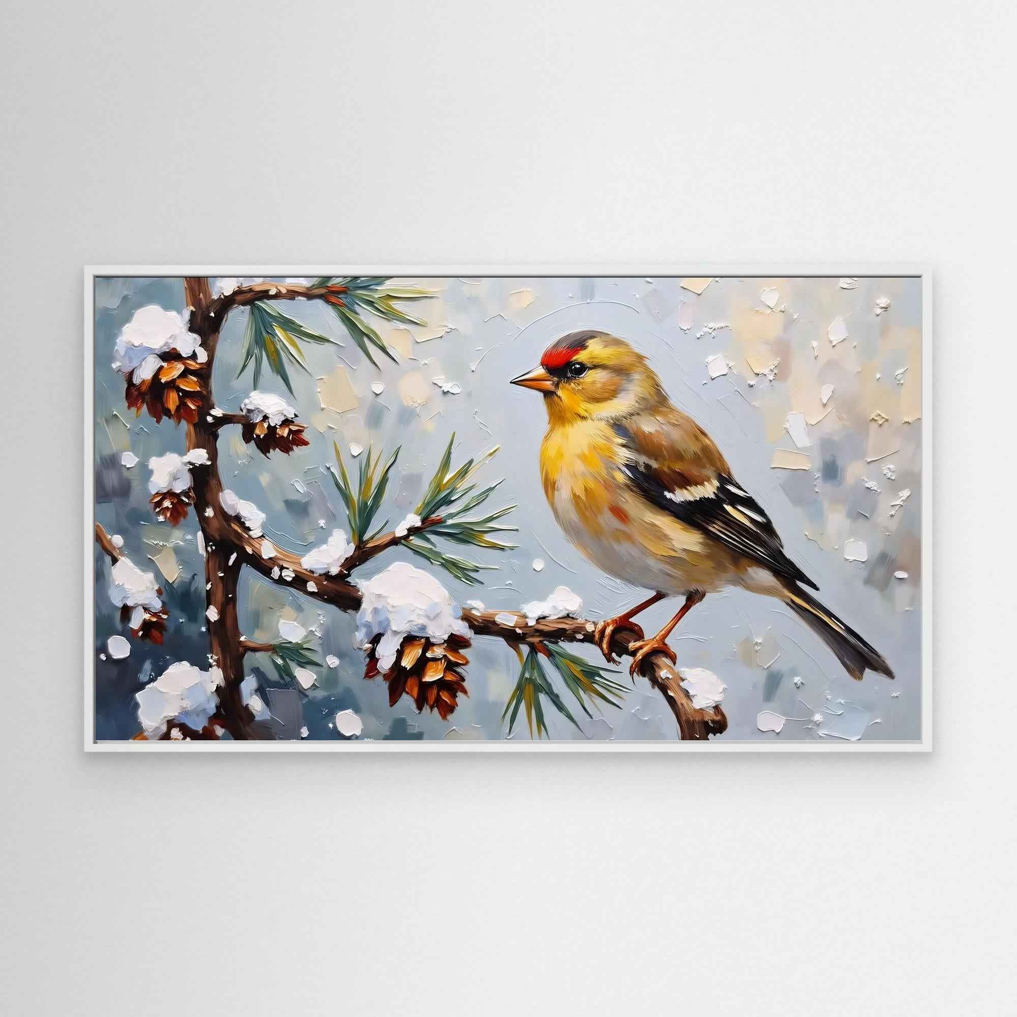 Winter Goldfinch Bird Canvas Wall Art - Framed Pop Art