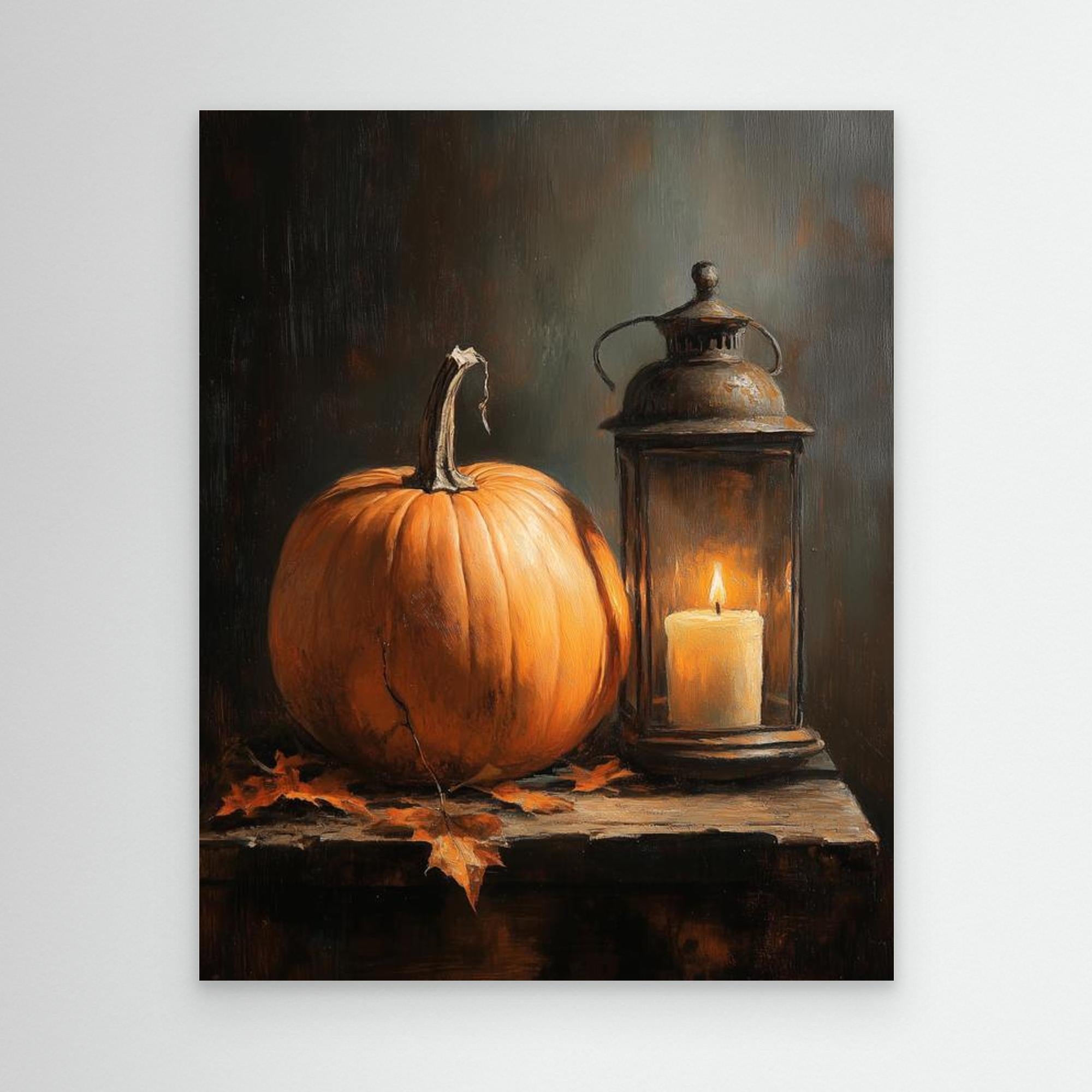 Rustic Autumn Pumpkin & Lantern Canvas Wall Art - Framed Pop Art