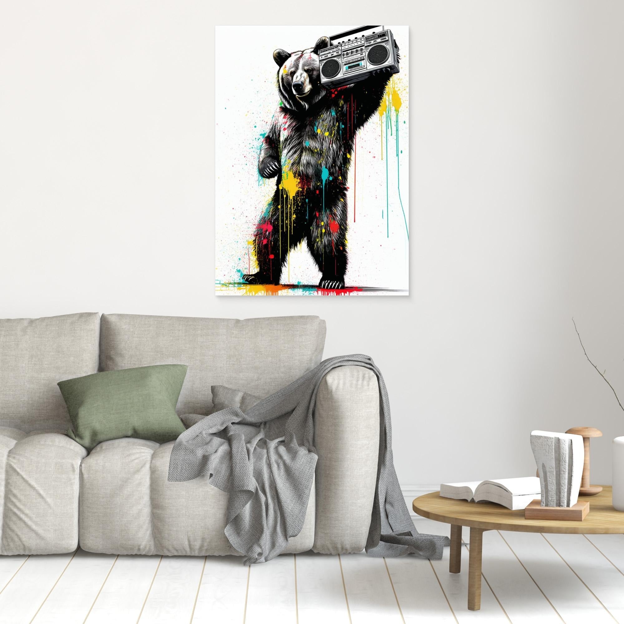 Grizzly Bear Boombox Canvas Art | Retro Urban Wall Decor - Framed Pop Art