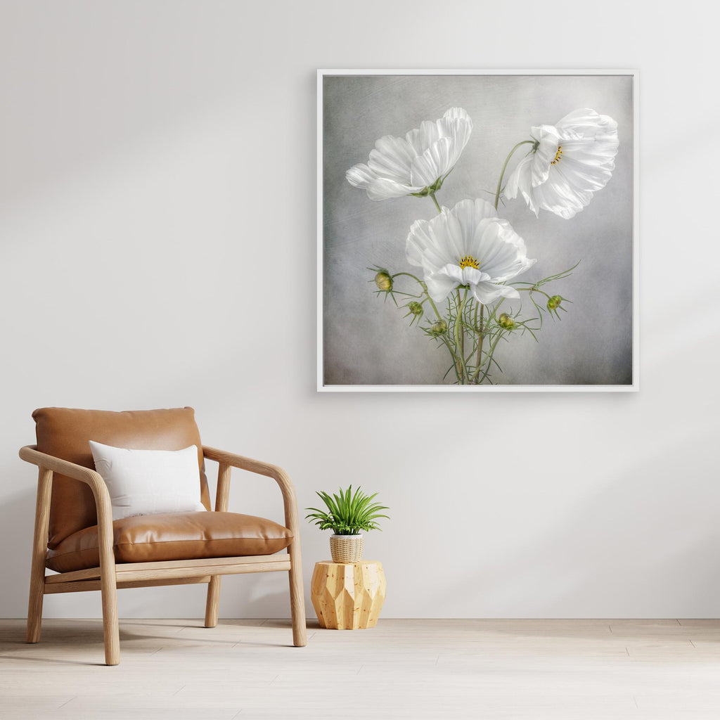 Hallway Wall Art – White Cosmos Floral Canvas Print - Framed Pop Art