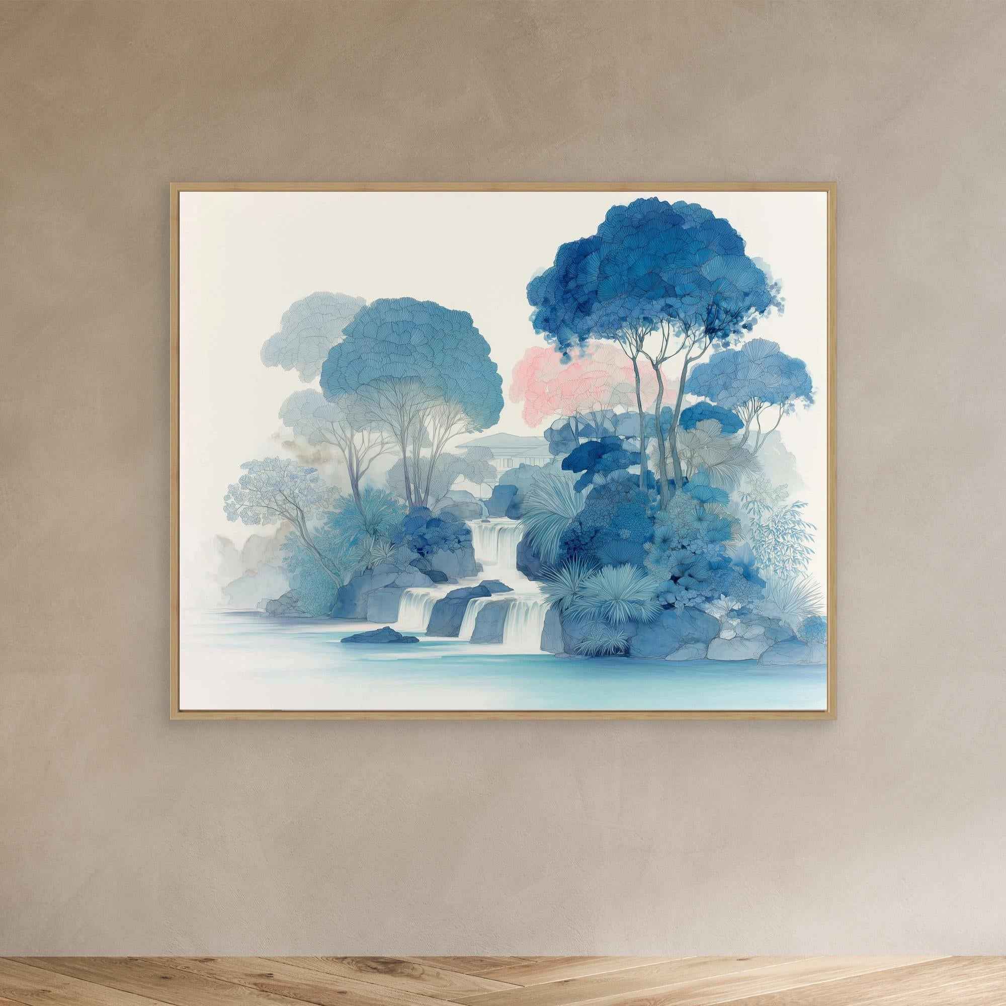 Blue Waterfall Forest Canvas Wall Art Print - Framed Pop Art