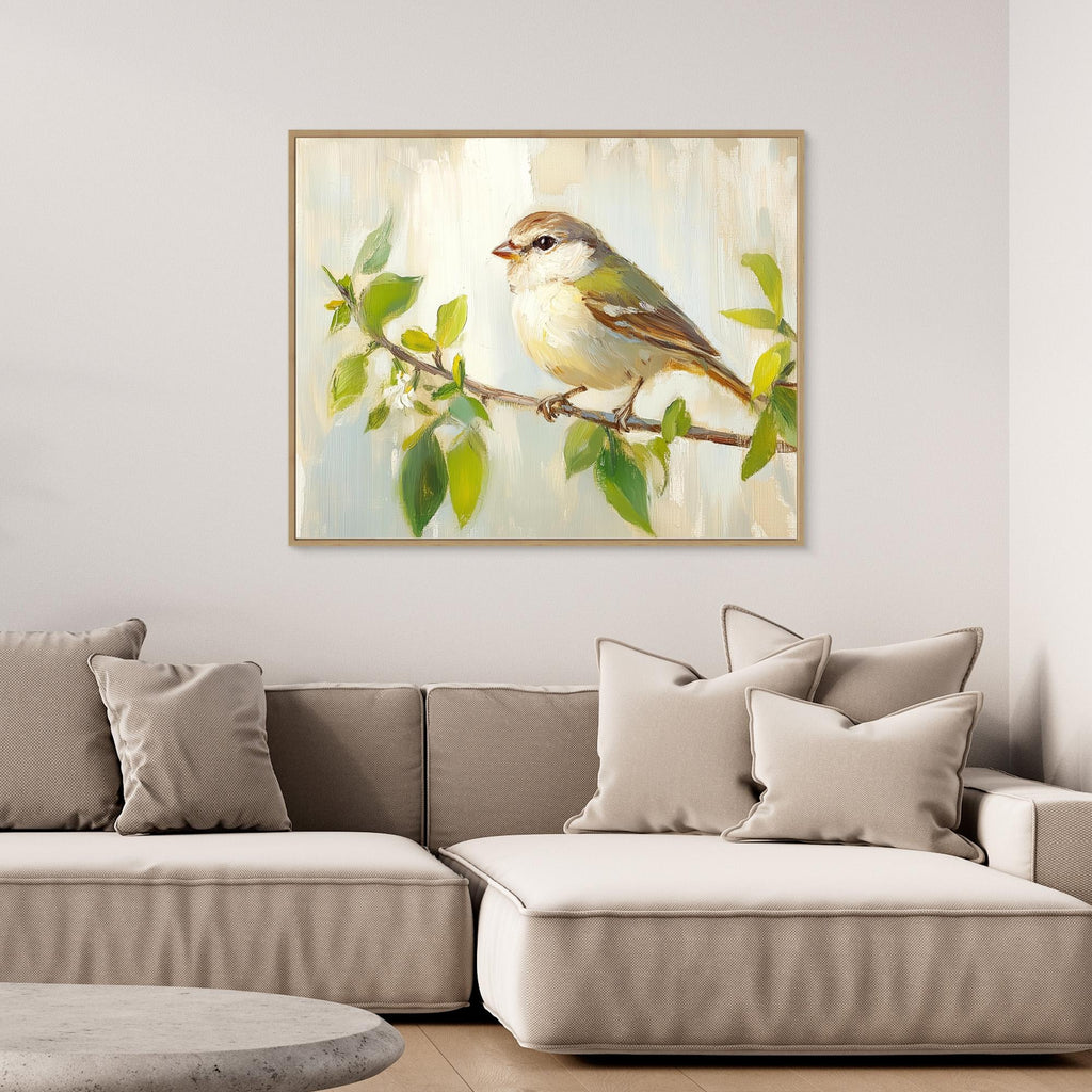 Bird on Branch Oil Painting | Nursery Wall Art Decor - Framed Pop Art
