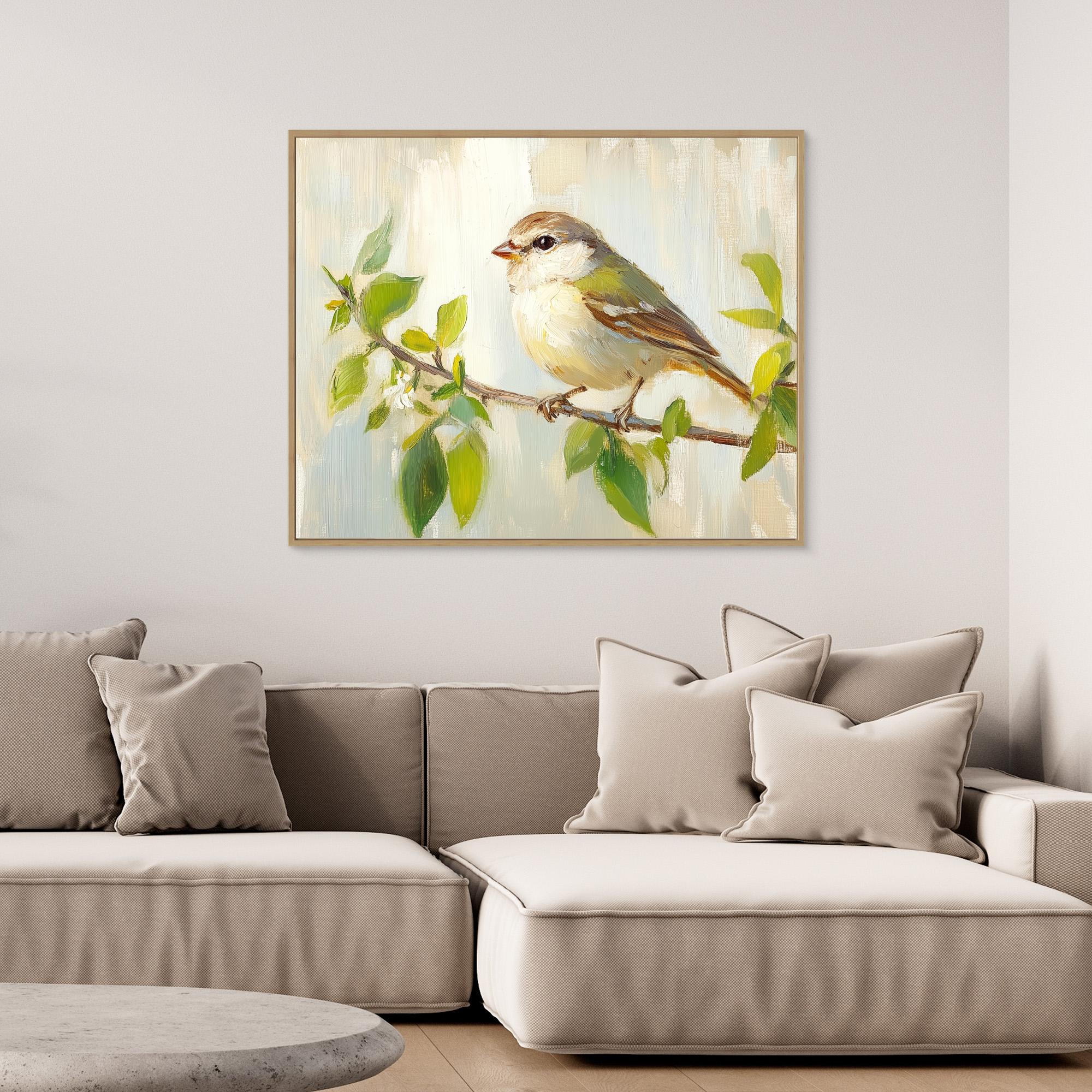 Bird on Branch Oil Painting | Nursery Wall Art Decor - Framed Pop Art