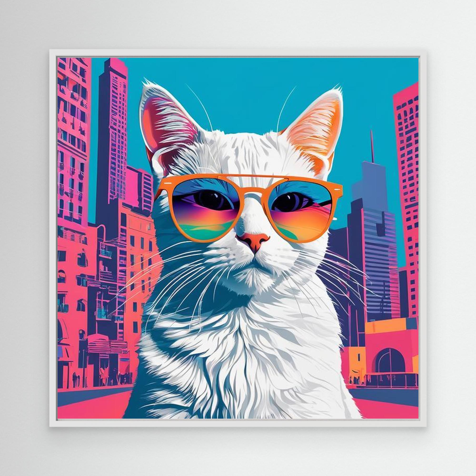 Cool White Cat in Sunglasses City Pop Art Canvas Print - Framed Pop Art