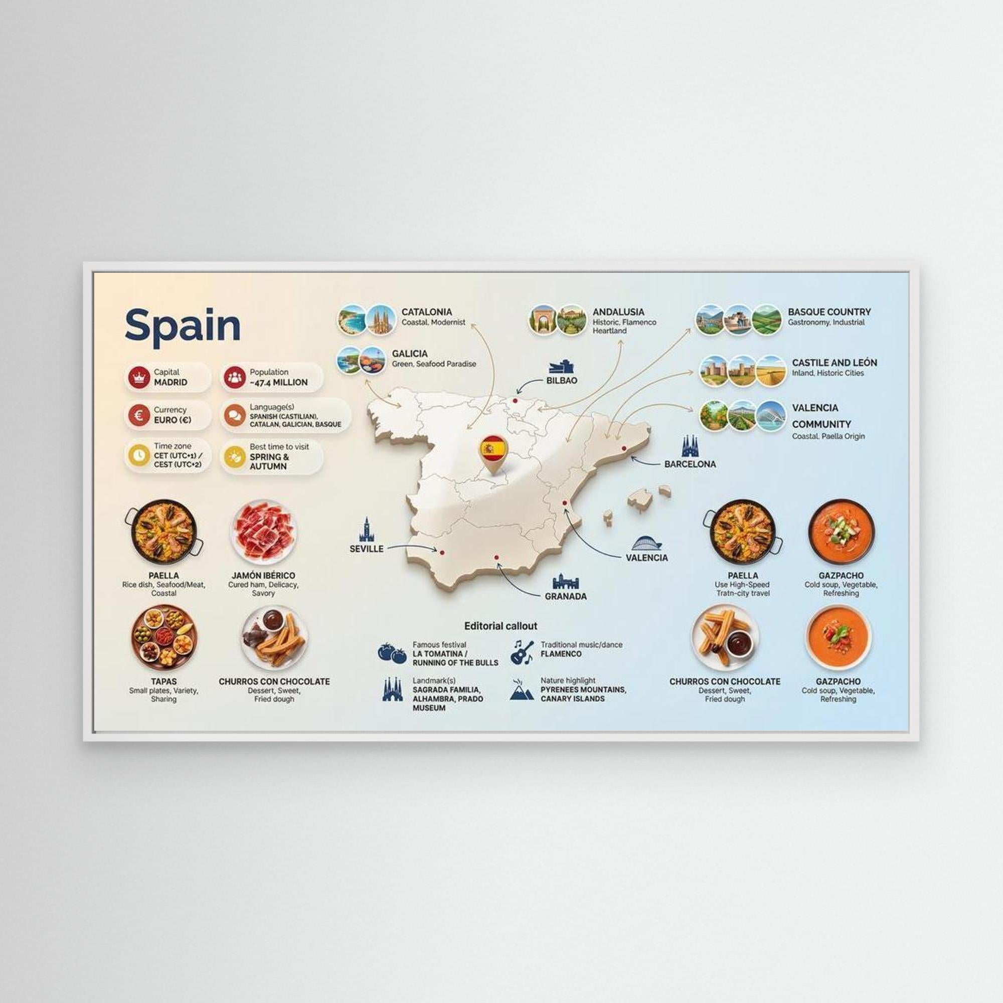 Spain Travel Map Print – Modern Home Office Wall Art