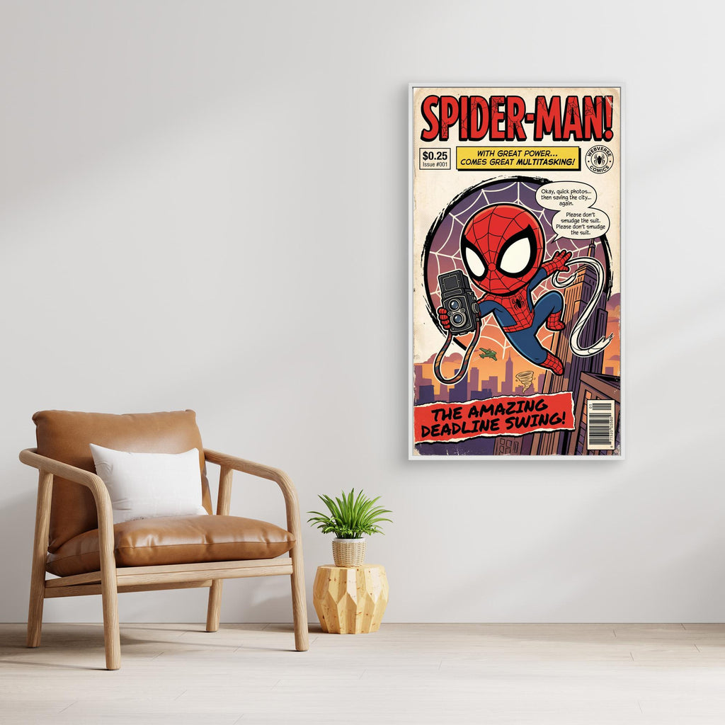 Spider-Man Deadline Swing Comic Art | Chibi Canvas Print - Framed Pop Art