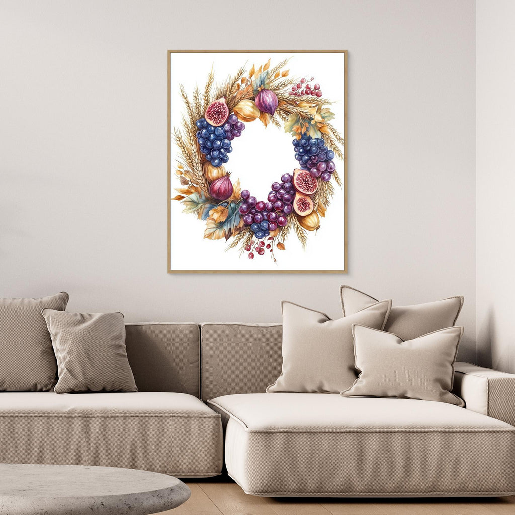Autumn Harvest Wreath Art Print | Fig & Grape Wall Decor - Framed Pop Art