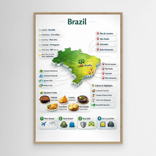 Brazil Travel Infographic Poster | Vibrant Canvas Wall Art - Framed Pop Art
