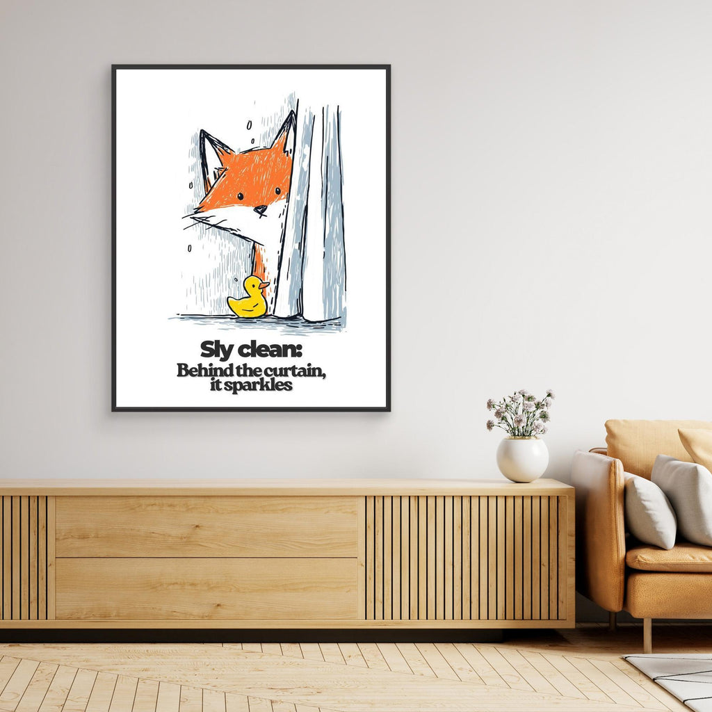 Sly Clean Fox & Rubber Duck Art Print | Fun Bathroom Wall Decor - Framed Pop Art