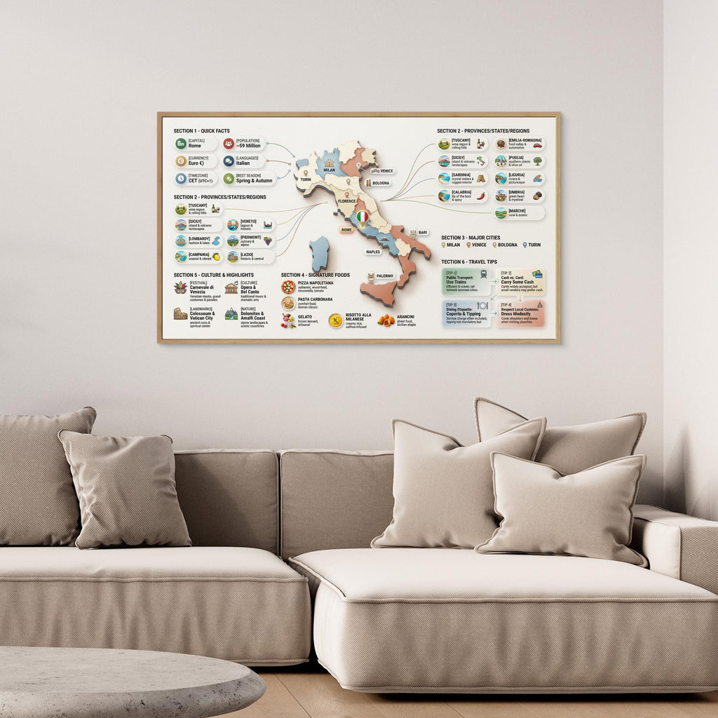 Italy Infographic Map Wall Art | Framed Canvas Travel Guide