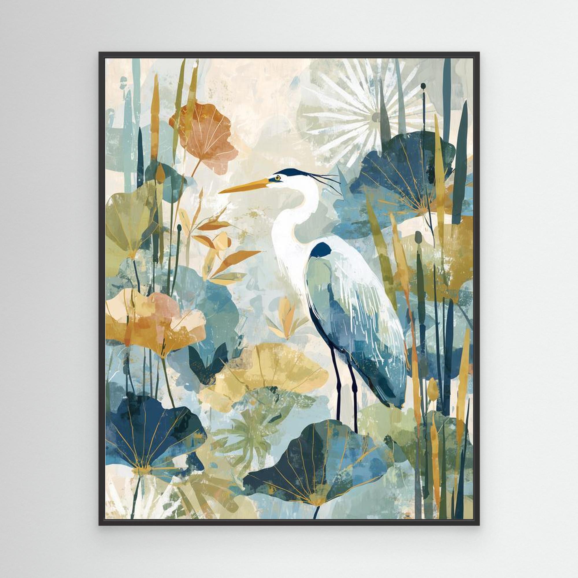 Heron in the Reeds Canvas Wall Art | Modern Nature Print | Nursery - Framed Pop Art